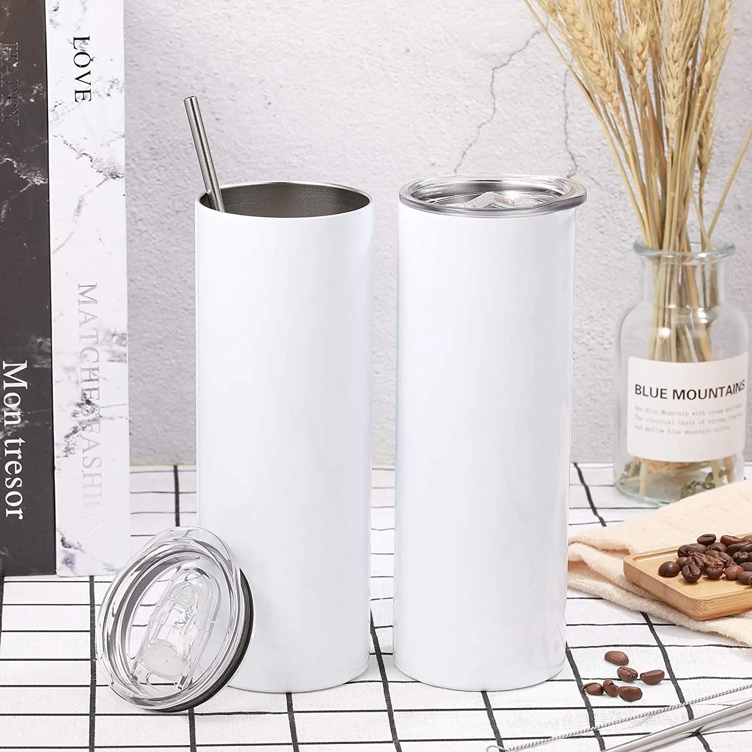 

Watersy 18/8 stainless steel 20 oz straight white sublimation blanks skinny coffee tumblers with slide lid and plastic straw