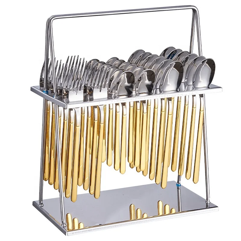 

Hot selling 36pcs kitchen tableware storage rack stainless steel flatware set for wedding hotel cutlery gold set