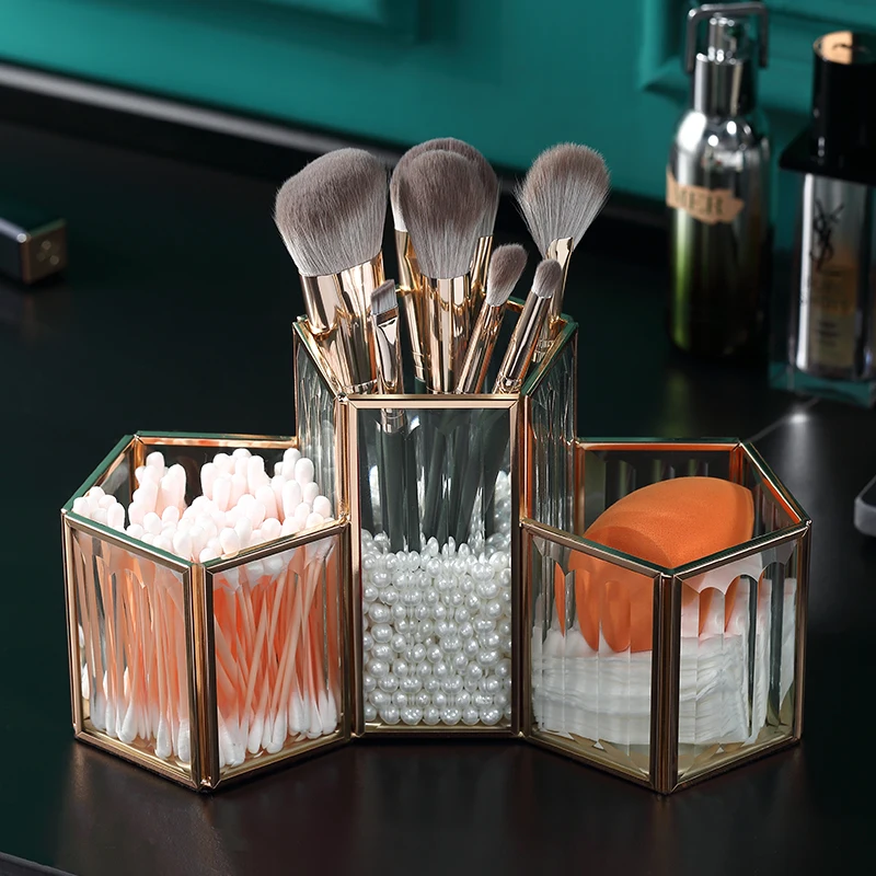 

Wholesale Small Luxury Golden Cosmetic Storage Box Desktop Lipstick Glass Jewelry Storage Makeup Brush Organizer