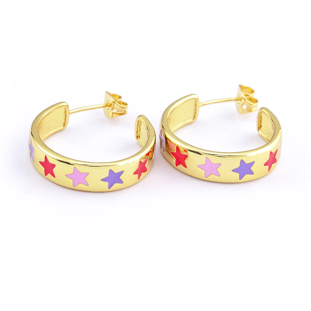 

Fashion 18K Gold Plated Round Hoop Earrings Jewelry Enamel Color Star Sculpture Charm Women Earrings Popular Brands Wholesale, As pictures