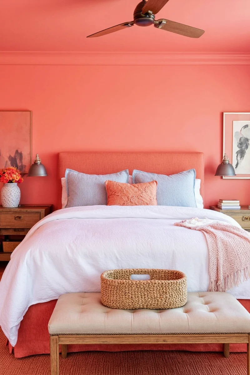 Coral Accent Wall with Gray Furniture