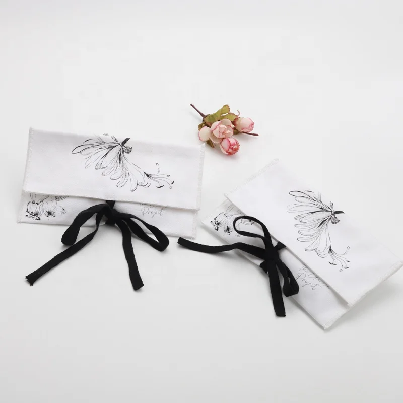 

Eco Friendly Canvas Cosmetic Packaging Bag White Twill Cotton Envelop Gift Dust Bag With Bow, White, off white, black, pink, green, brown, red, blue, etc