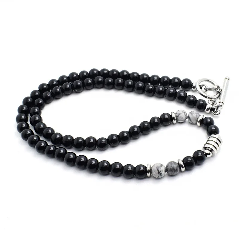 

Handmade Natural Stone Map Stone Beaded Jewelry Stainless Steel Chain Men Necklace, As pic