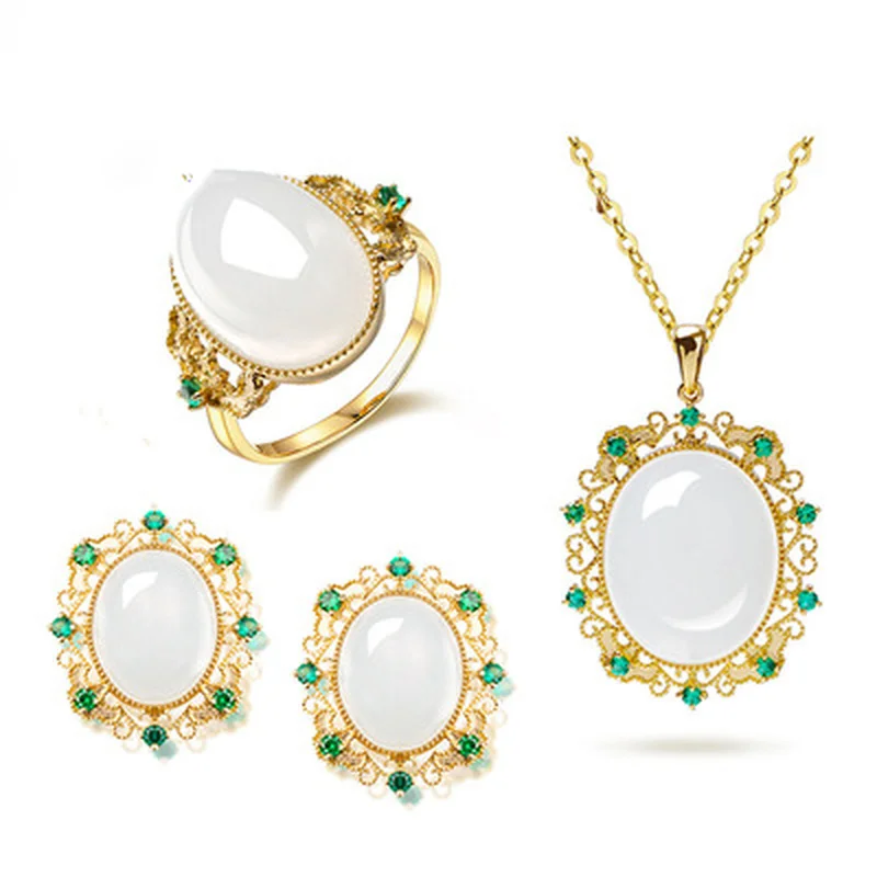 

White Chalcedony Gold Earrings Temperament White Gem Pendant Retro Wild Open Ring Jewelry Set gold plated jewelry filled