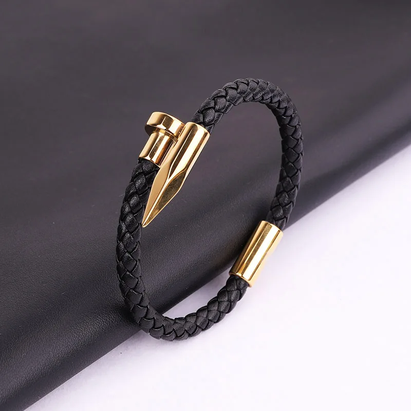 

High Quality Custom Logo Stainless Steel Charm Magnet Clasp Genuine Leather Bracelet Men