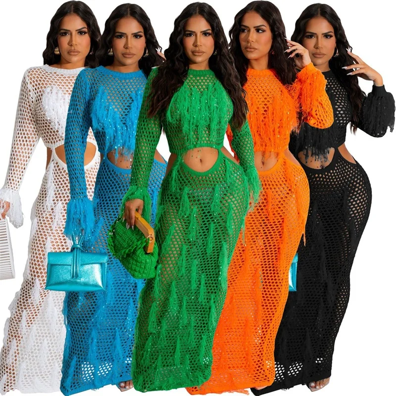 

Handmade Women Crochet Cover Up 2024 Coverup Fringe Sequin Long Bling Mesh Tassel Dress Women Custom Crochet Beach Dress Sexy