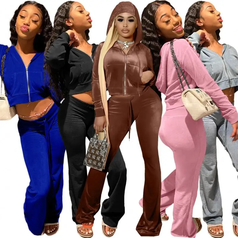 

Wholesale Fall Women's Hoodies & Sweatshirts Zipper Pocketed Crop Top Velvet Jogging Suit Velour Tracksuits Women Two Piece Set