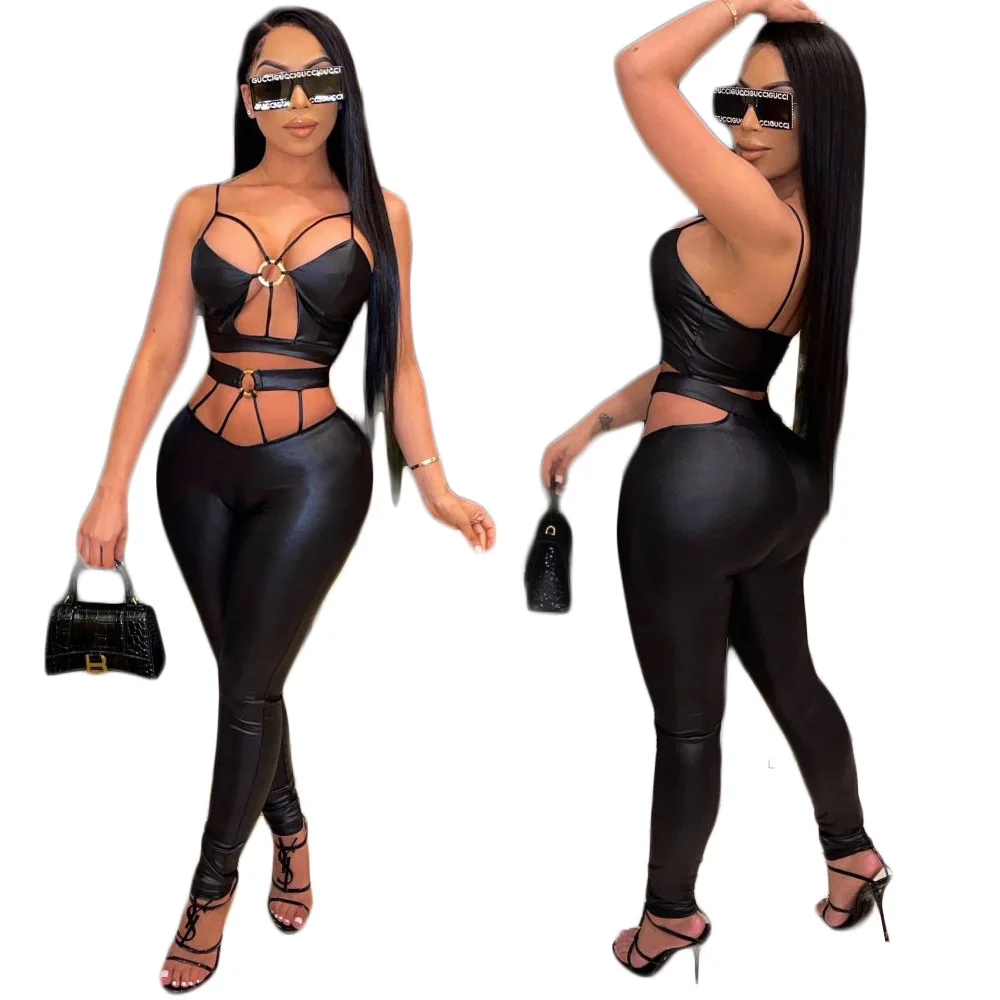 

2021 new bodycon solid color hollow out sexy v-neck nightclub pants suit 2pc set for women
