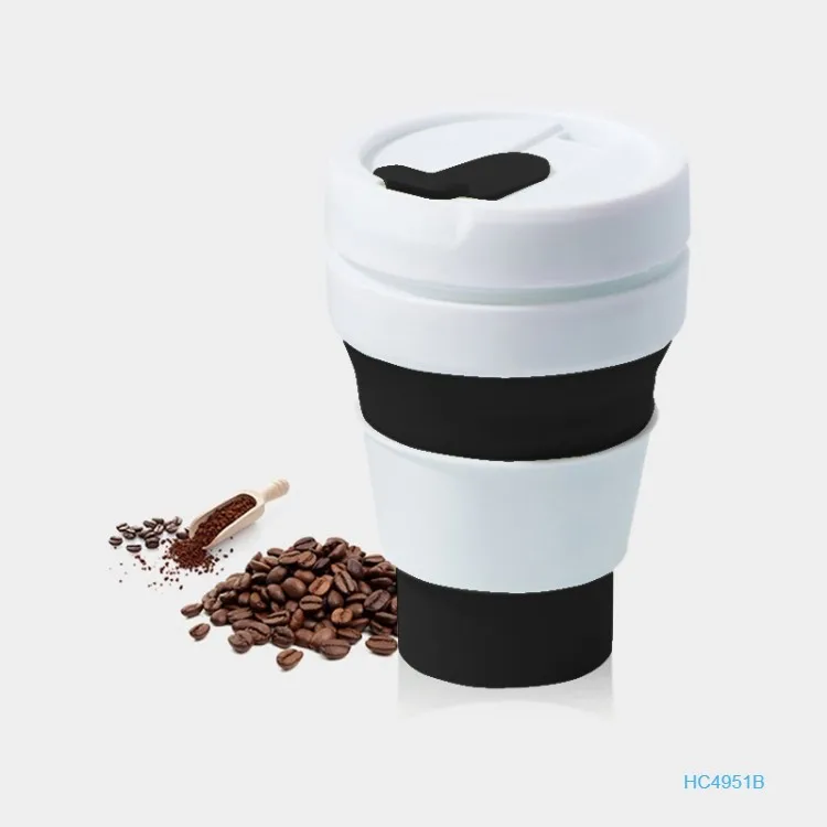 

Hot selling 350ml Outdoor Coffee Collapsible Travel Mug Silicone Cup with Lid, Black with white