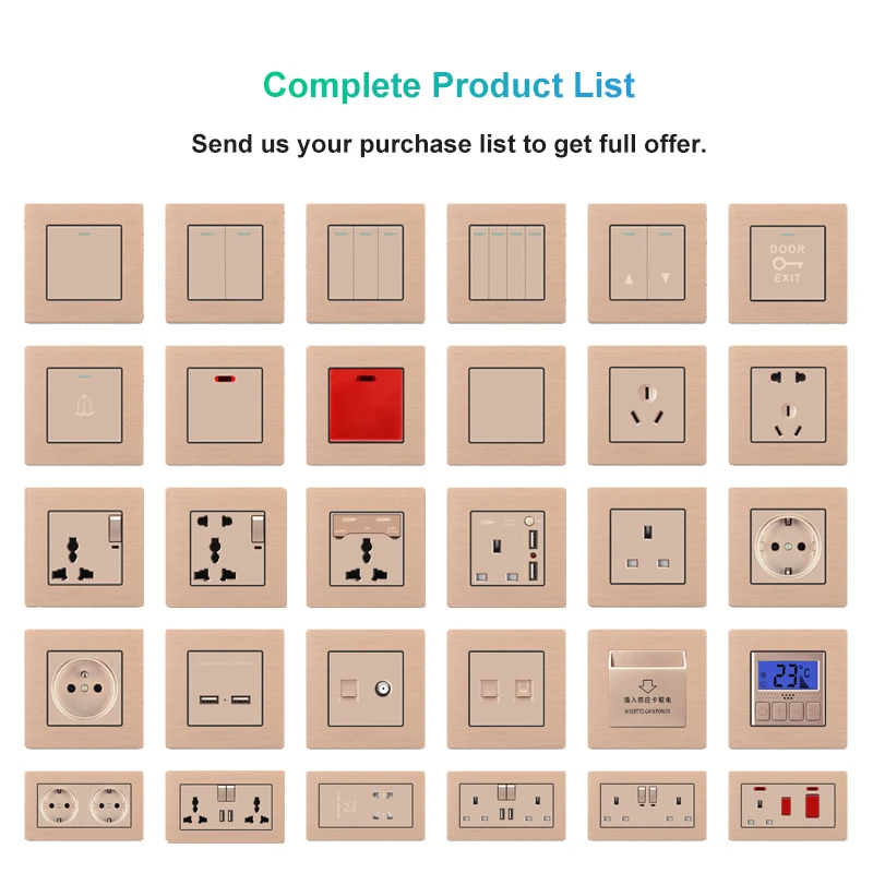 Electrical Sockets and Switches UK Standard Grounding Universal Switch Socket Wall Socket Gold Champagne USB Aluminum CE SM-A-01