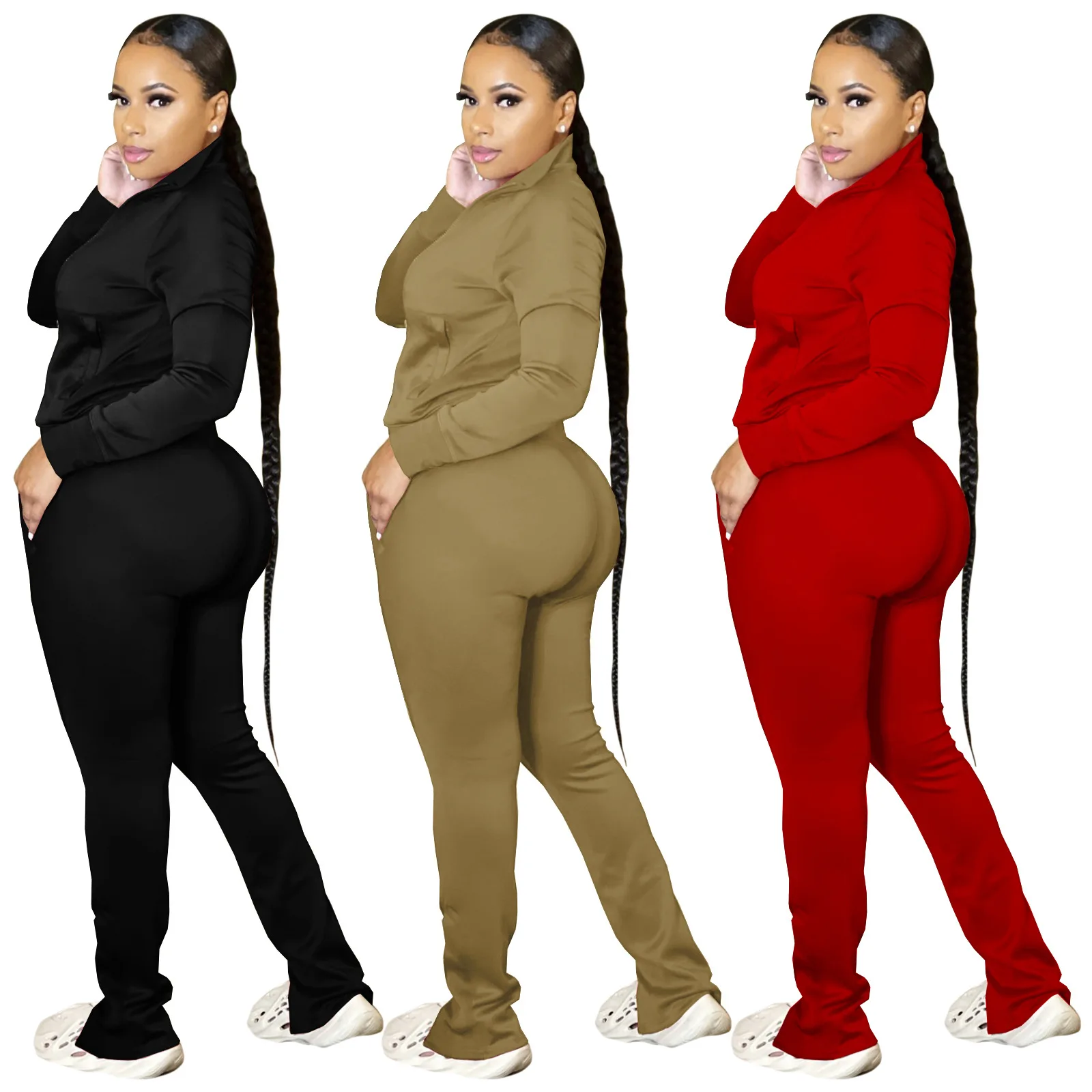 

Zip Split Joggers Casual Fit Adult sweat pant Tracksuit 2021 Two Piece Classy Sets Longsleeve Women Sets Active Popular Suit