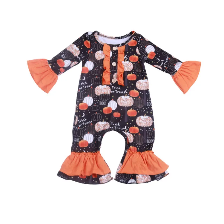 

wholesale Halloween children clothing pumpkin printed baby romper girls ruffle romper