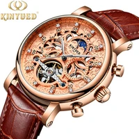 

KINYUED J026 Luxury Mens Mechanical Watch Fashion Skeleton Tourbillon Sun Moon Phase Date Week Leather Automatic Men Wrist Watch