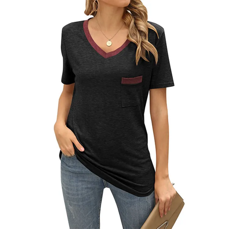 

D96600 summer clothes for woman hot selling latest design contrast color collar V-neck casual short sleeves tops fashionable