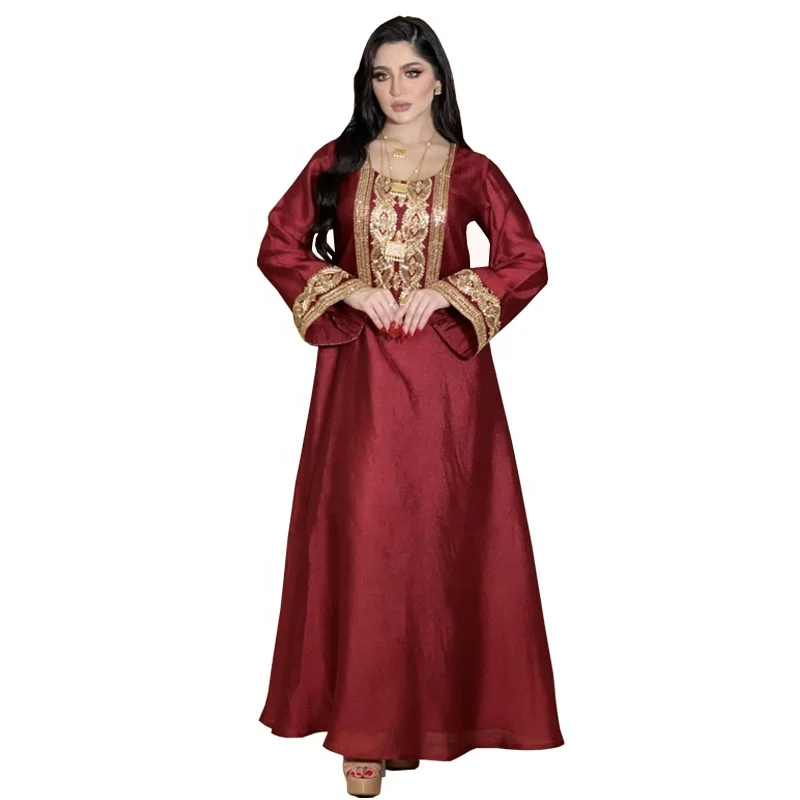 

Abaya Dubai Turkey Muslim Dress Caftan Abayas for Women Embroidery Islamic Clothing Moroccan Kaftan Maxi Dresses For Women, Red,gold