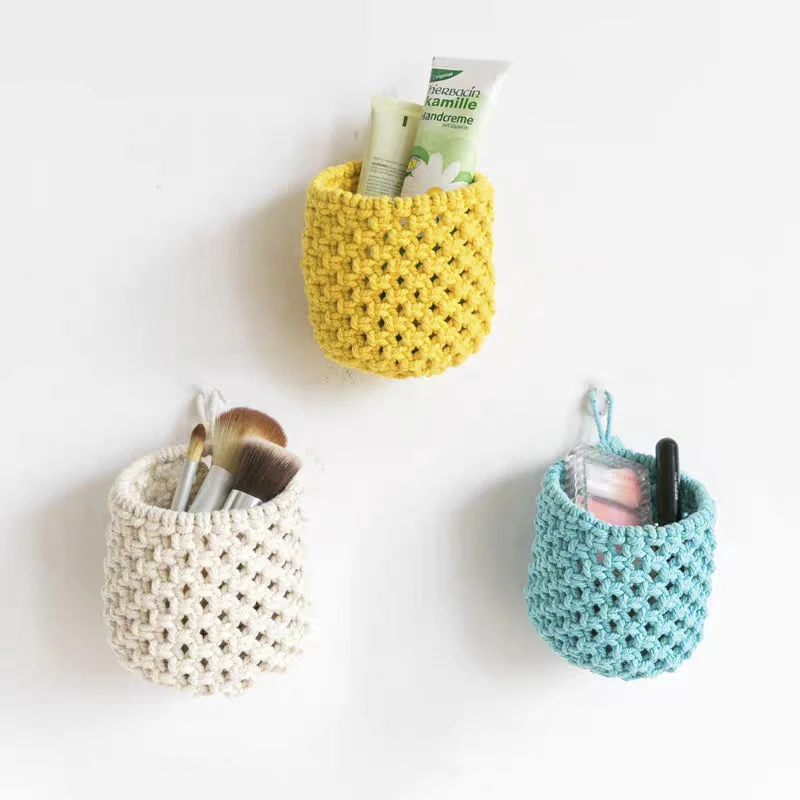 

Macrame Magazine Storage Organizer Wall Hanging Decor Mail Holder Key Organizer Cotton Woven Hanging Pocket Boho Wall Decor, Blue yellow white or customized color