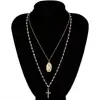 Simple And Versatile Embossed Rice Beads Accessories Temperament Double-layer Geometric Cross Portrait Necklace