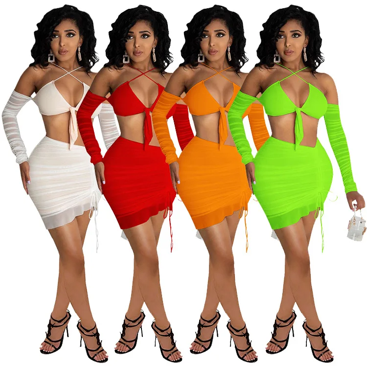 

New summer nightclub net yarn bow sexy HOBISH two-piece skirt suit women