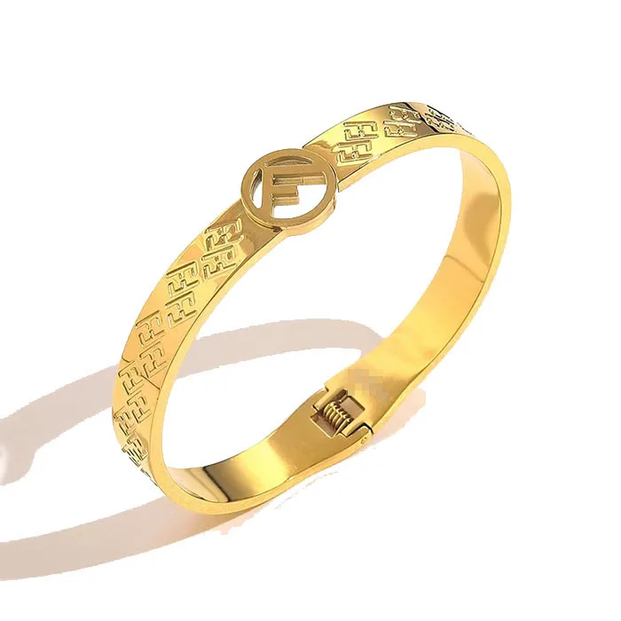 

Wholesale Double Letter F bracelet Women Jewelry Engrave Hollow Alphabet F Bangle