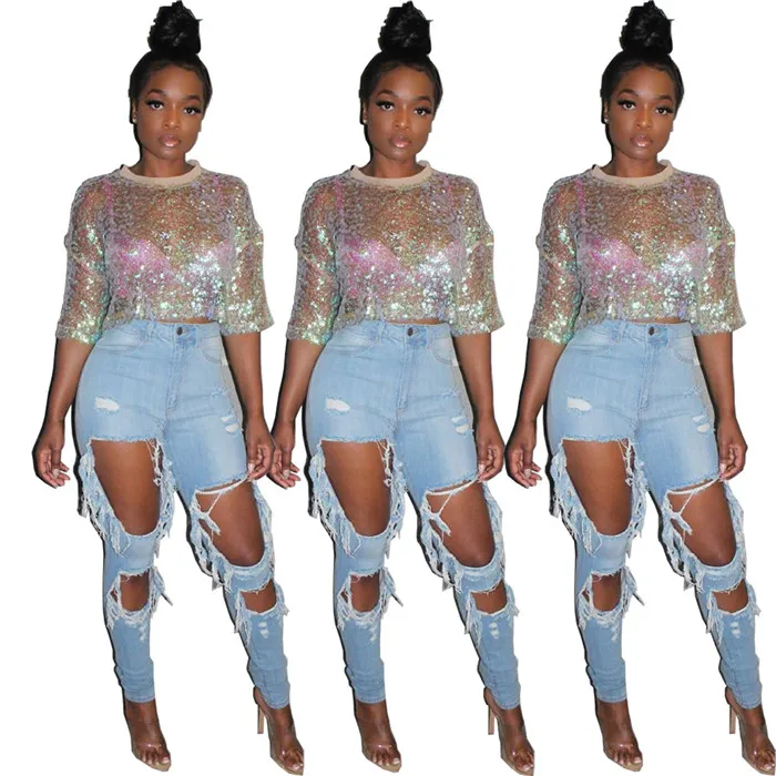 

F8281- women tops fashionable half sleeve fall crop tops sequin tops for women