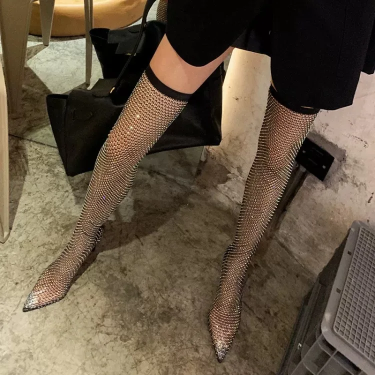 

High Heel Stiletto Back Zipper Rubber Sole Over The Knee Mesh Sandal Rhinestone Pumps Women Shoes, As pic