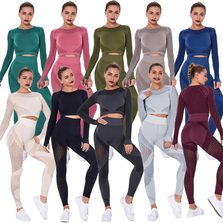 

wholesale designer sexy sport clothes hollow out long sleeves leggings set popular seamless fitness& yoga wear pants clothing xs