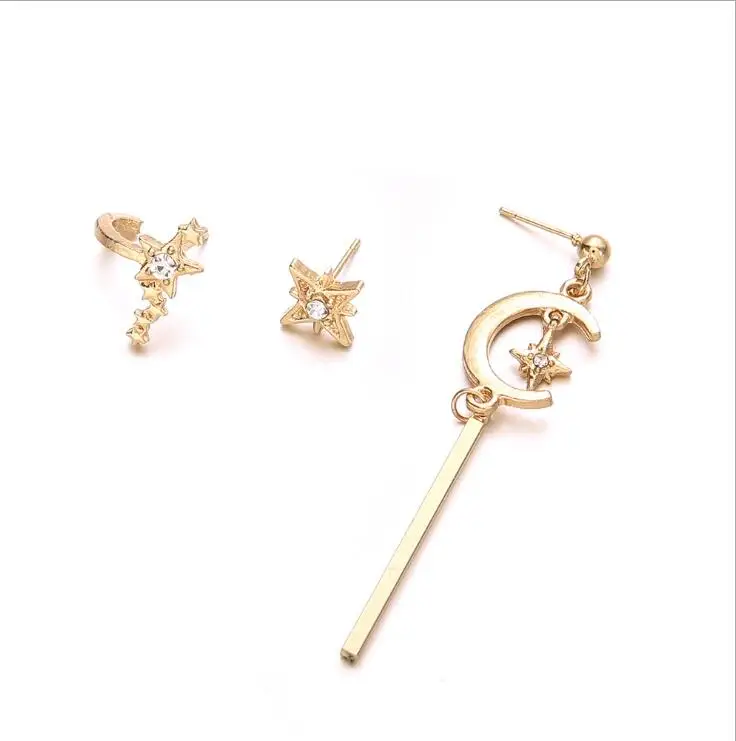 

3Pcs/set Fashion Diamond moon stars gold plated pendent stud earrings for female