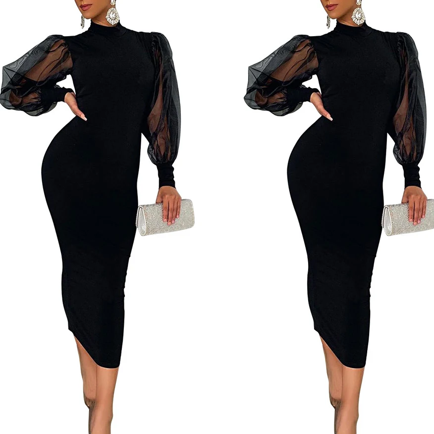 

FS2364D Fashion high collar women long sleeve mesh dresses
