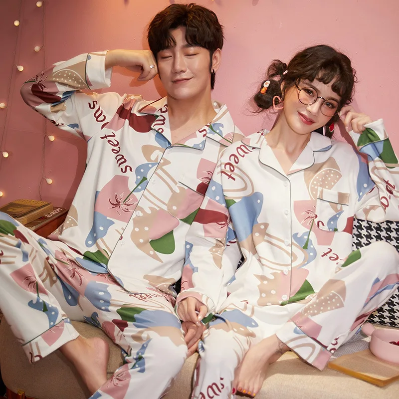 

JULY'S SONG Couple's Sleepwear Spring Autumn Long Sleeve Shirt Long Pants Homewear Casual Cute Cartoon Printed Pajamas Plus Size