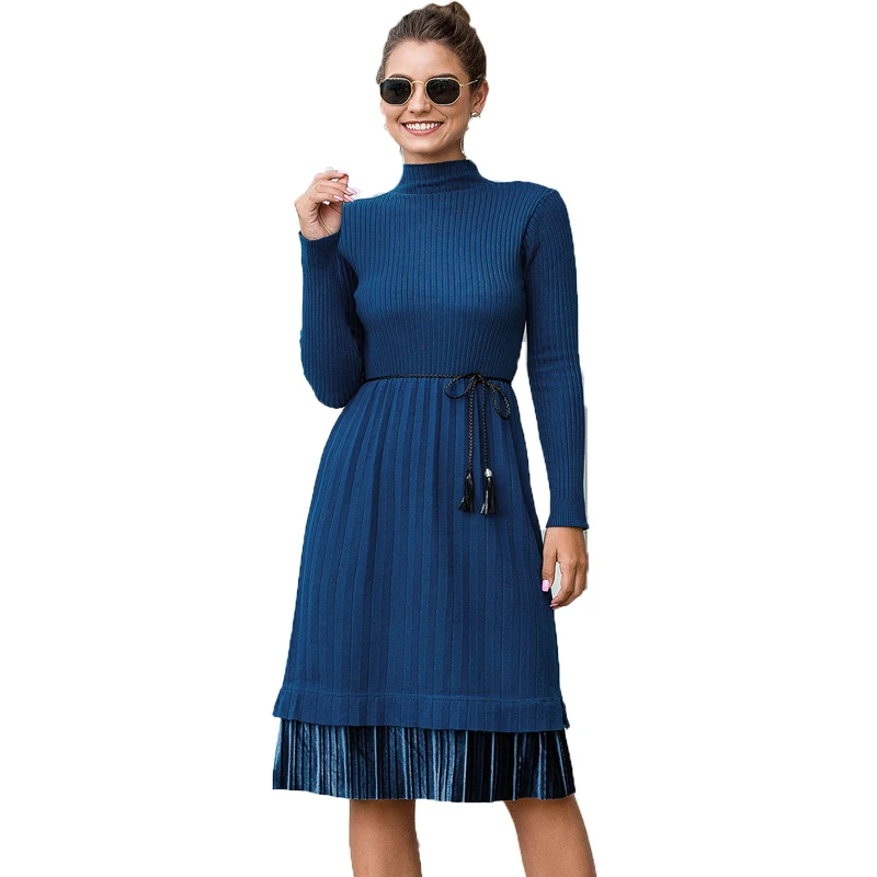 

2021 fall winter new women's clothes solid color Pleating tassel splicing dress long sleeve Pullover sweater dress