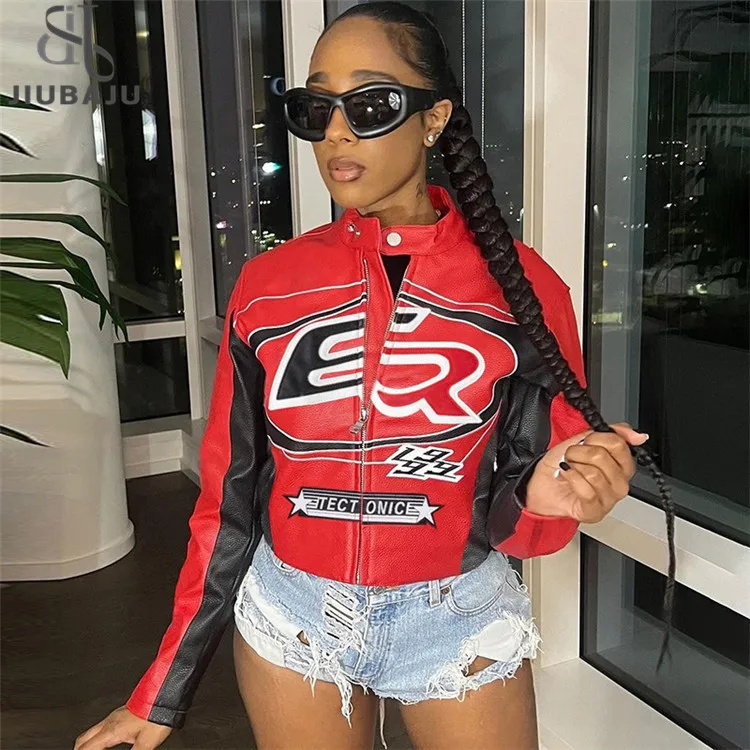 Letter Patchwork Crop Jacket Women Y2K Zipper Wild Basic Full Sleeve Varsity Streetwear Casual Autumn Coat