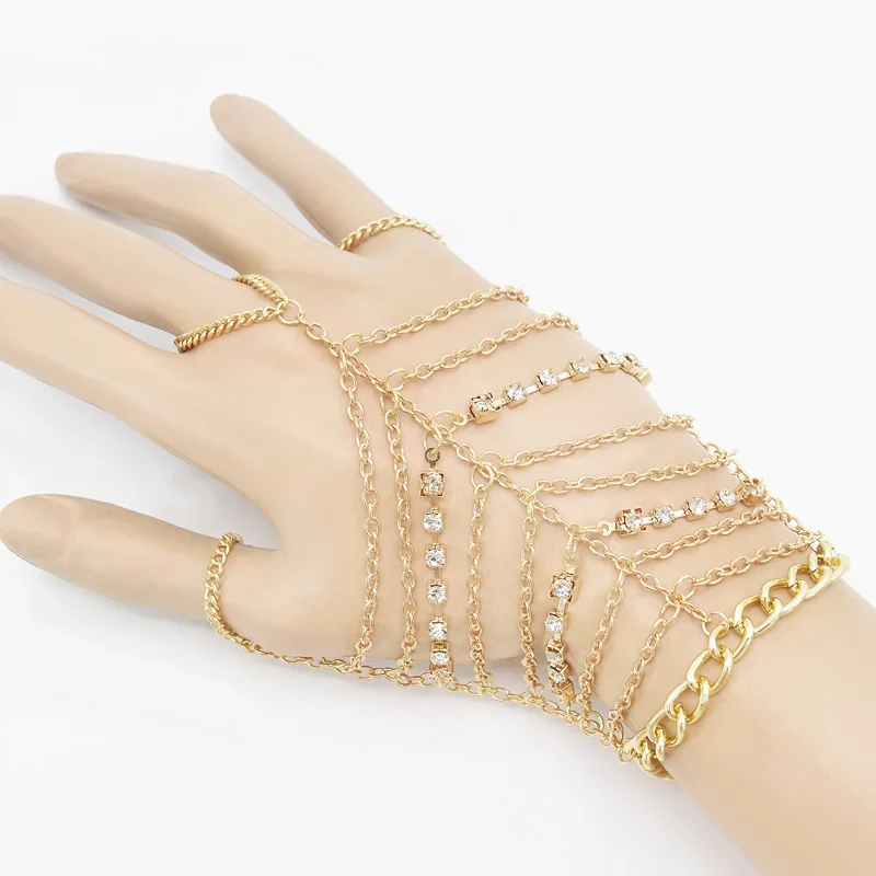 

Gold Chain Link Multi Bangle Slave Interweave Finger Rings Hand Harness Bracelet, Silver,gold