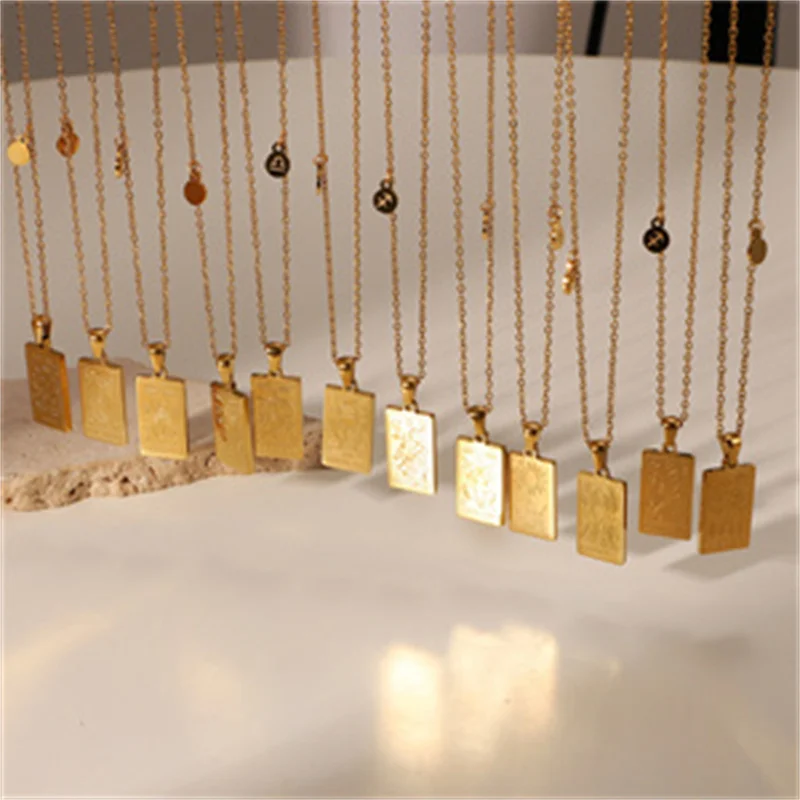 

European And American Hot-selling Net Red Same Style 18k Gold Plated Necklace Stainless Steel Square Zodiac Pendant Necklace