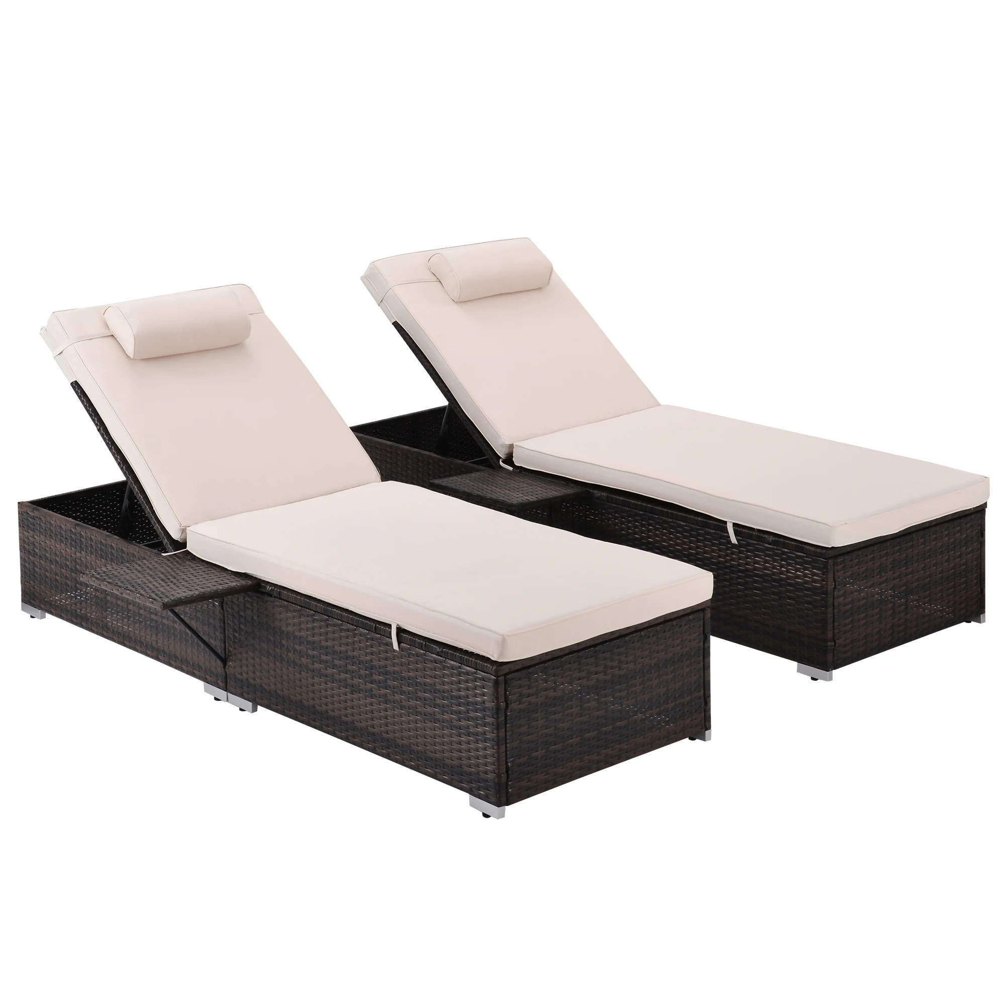 

Outdoor PE Wicker Chaise Lounge 2 Piece Patio Brown Rattan Reclining Chair Furniture Set Beach Pool Backrest Recliners