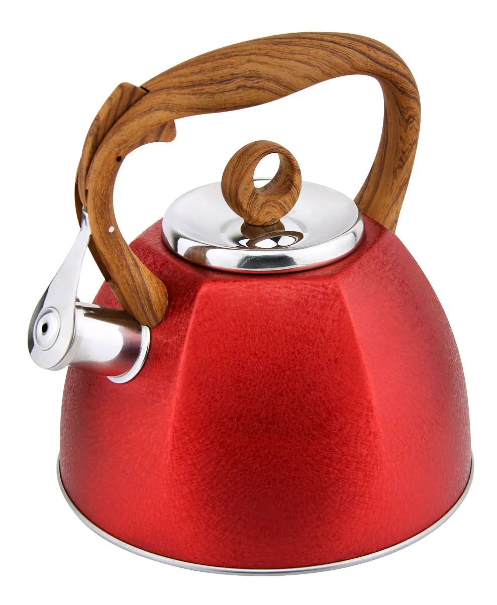 

durable using 3 liters stainless steel whistling kettle with nylon handle wooden coating induction bottom, Red,black,golden