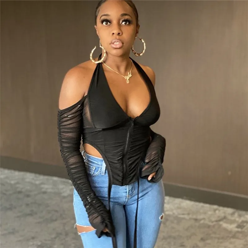 

Wholesale Spring New Fashion Tops For Women Cut-out Backless Off Shoulder Patchwork Mesh Draped Top, White, black, red, blue