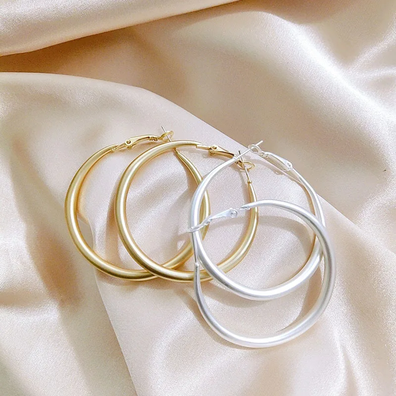 

Matt Large Circle Round Loop 925 Silver Needle Hoop Earrings Vintage Simple Silver Gold Big Hoop Earrings For Women