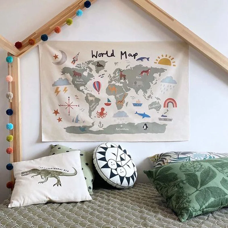

Ins nordic children's world map kids room decoration hanging painting early educational photo background