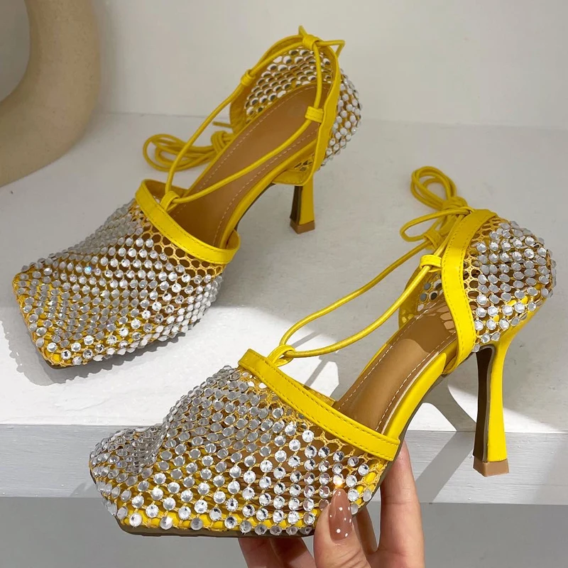 

New Crystal Diamond Square Toe Women Sandals Net Design Cross Tied Party Runway Shoes Real Leather Air Mesh High Heels Woman