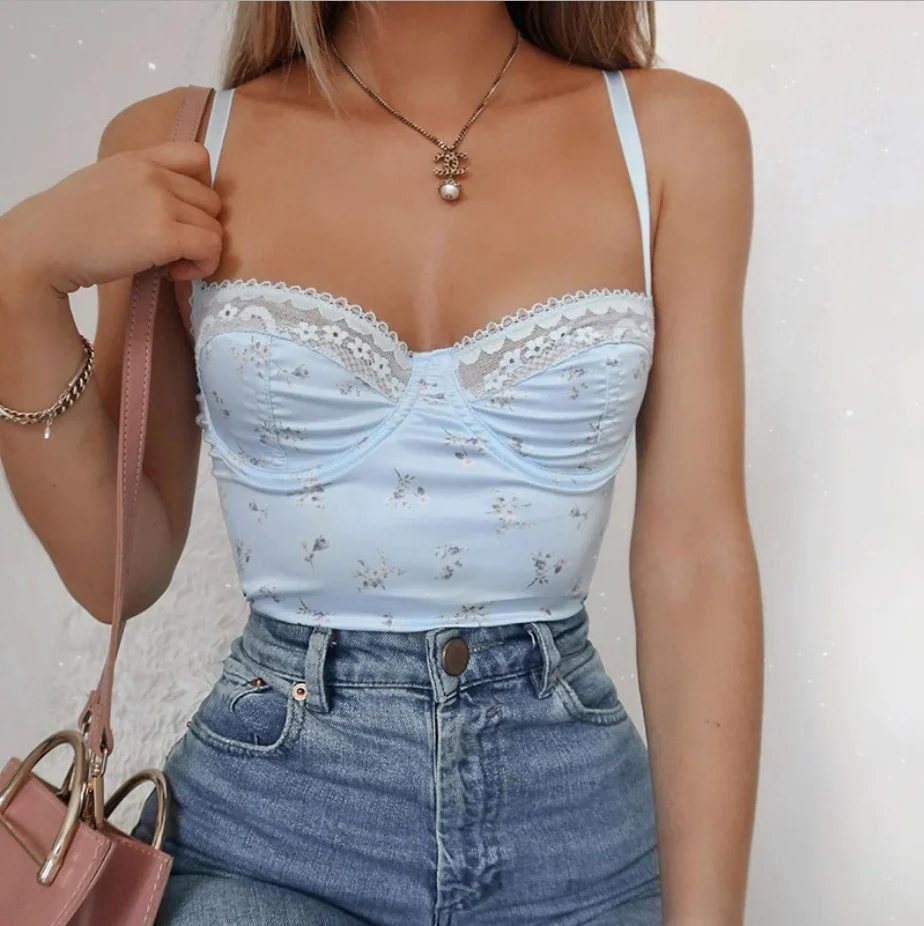 

E-Girl Style Spaghetti Strap V Neck with Lace Cropped Tops Y2K Summer Fashion Floral Solid Backless Blue Cami Streetwear #0904