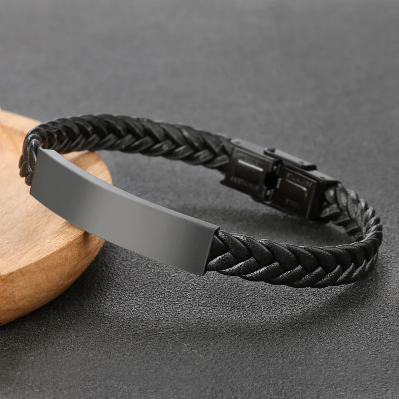 

Simple Trendy Leather Weave Stainless Steel Buckle Bracelet Vintage Matte Black Artificial Leather Braided Bracelet For Male