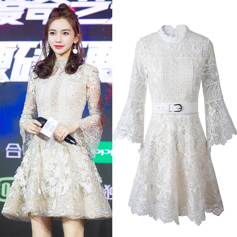 

Autumn new style white hollow out fashion lace design stand collar trumpet sleeve sexy woman beautiful celebrity party dresses, Picture color