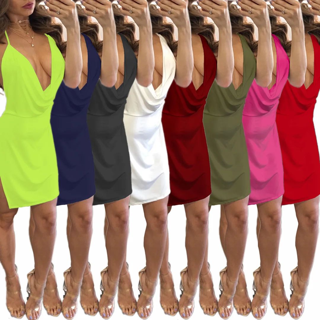 

W8529 - fashion sexy women clothing sleeveless halter backless slit neon dress