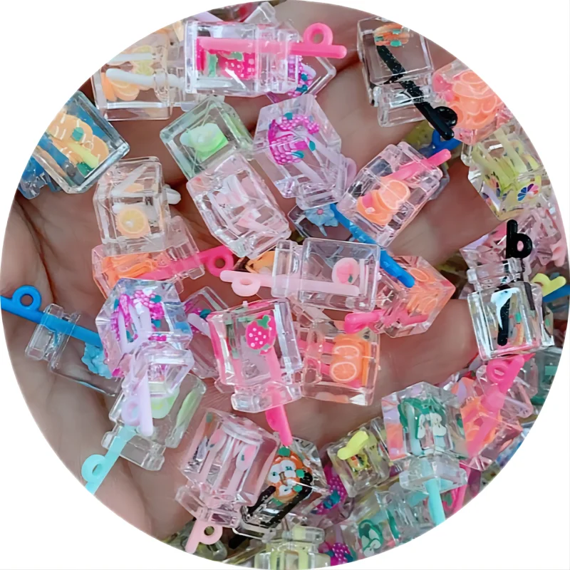 

100Pcs/Lot Assorted Fruit Drink Cup Mugs With Straw Lovely Drink Bottle Charms Pendants Dangles For Keychain Jewelry Making DIY