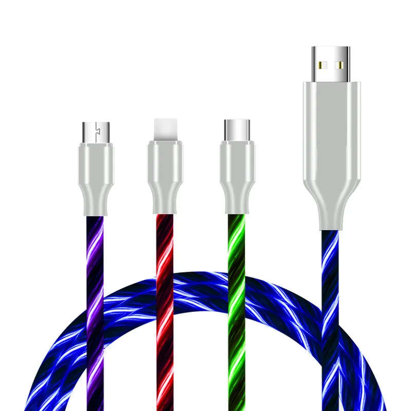 2020 new 3in1 usb led light charger data cable type c micro luminous streamer Magnetic Charger Cable