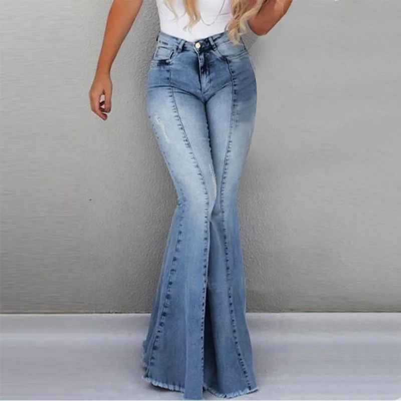 

Washed Flared Jeans Fall Winter Casual Women Slim Fit Plus Size Jeans Women Clothing, Light blue