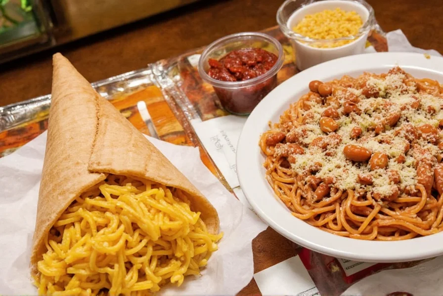 Cheese coney and 4-way spaghetti meal at Gold Star Chili with sides