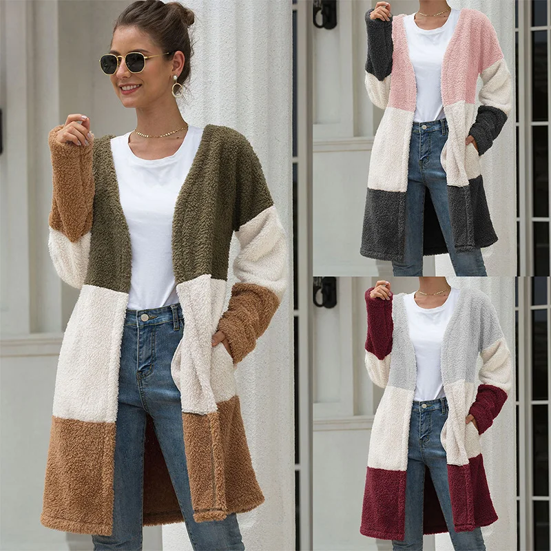 

New Fashion Autumn Winter Women Girls Long Sleeve Color Matching Cardigan Casual Thick Medium Length Fluffy Warm Long Coat