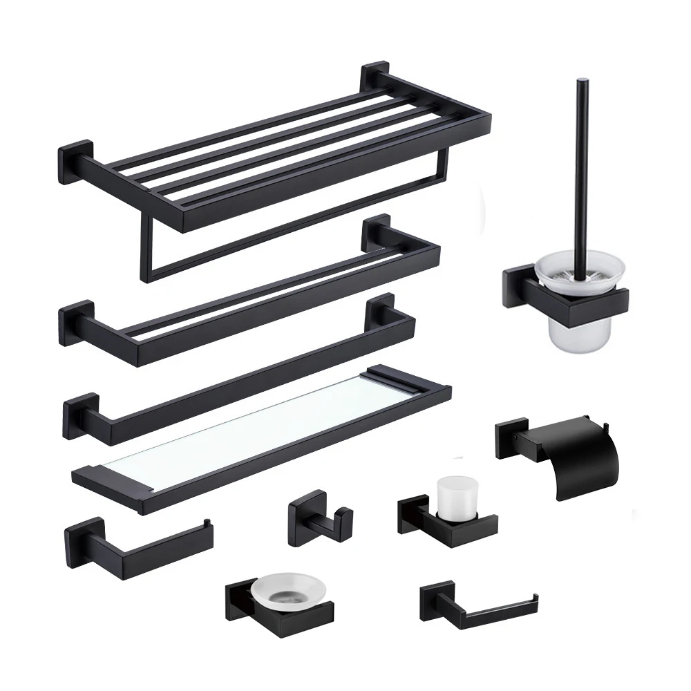 

Modern Bathroom Stainless steel Towel Rack Black accessory Set