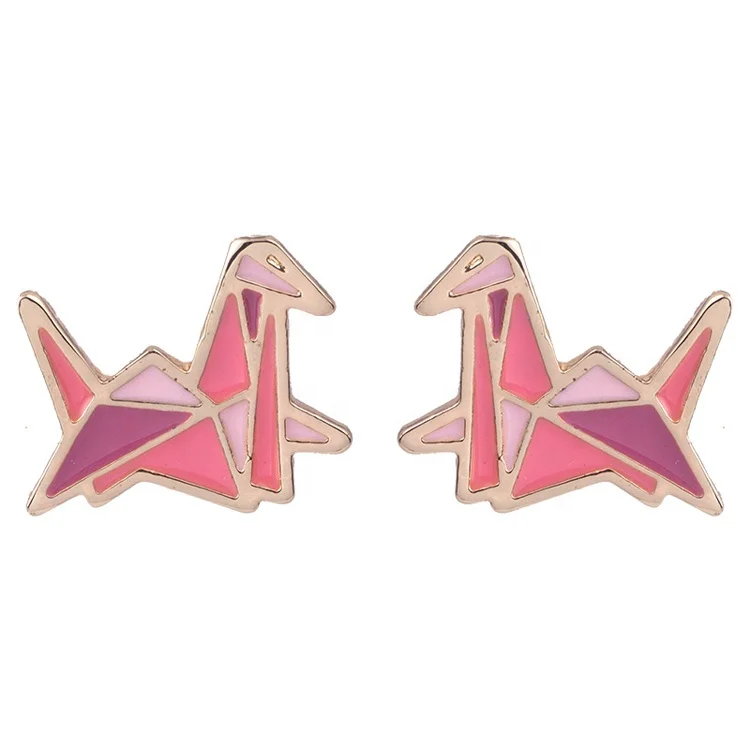 

Wholesale Gift Light Alloy Plated Cranes Stud Earrings Pink Colorful Gold Plated Earrings